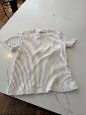 Vince Cream Ribbed Short Sleeve Tee - Size Large